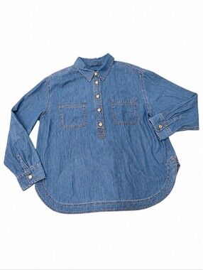 Talbots Chambray Denim Popover Shirt Women Blue Long Sleeve Button Pocket Top XL
